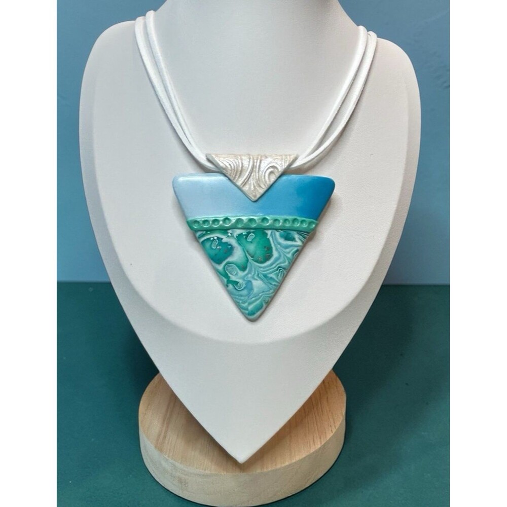 Artisan White Blue & Green Large Polymer Clay Pendant Necklace 18" on Cord